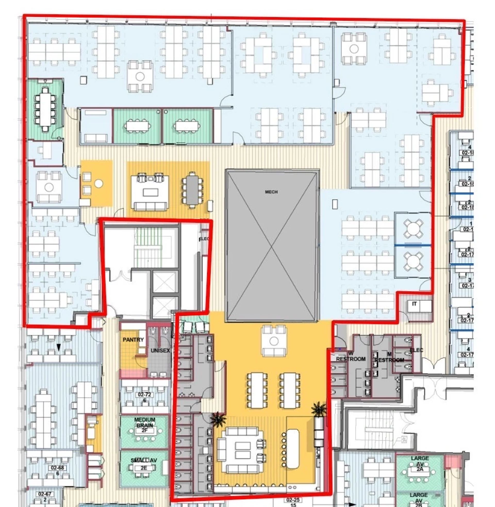 תוכנית קומה 1 - חלל עבודה הכולל אופן ספייס, חדרים, לאונג׳ ומטבח פרטי