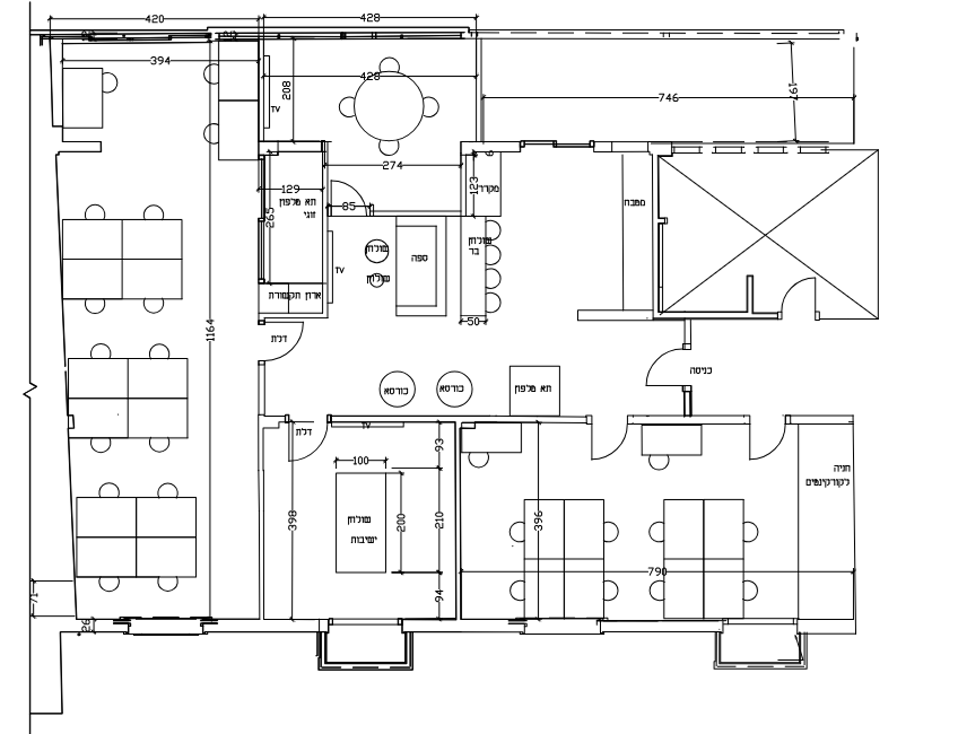 תוכנית קומה 1 - משרד ייחודי בבניין לשימור – 200 מ"ר עם מרפסת