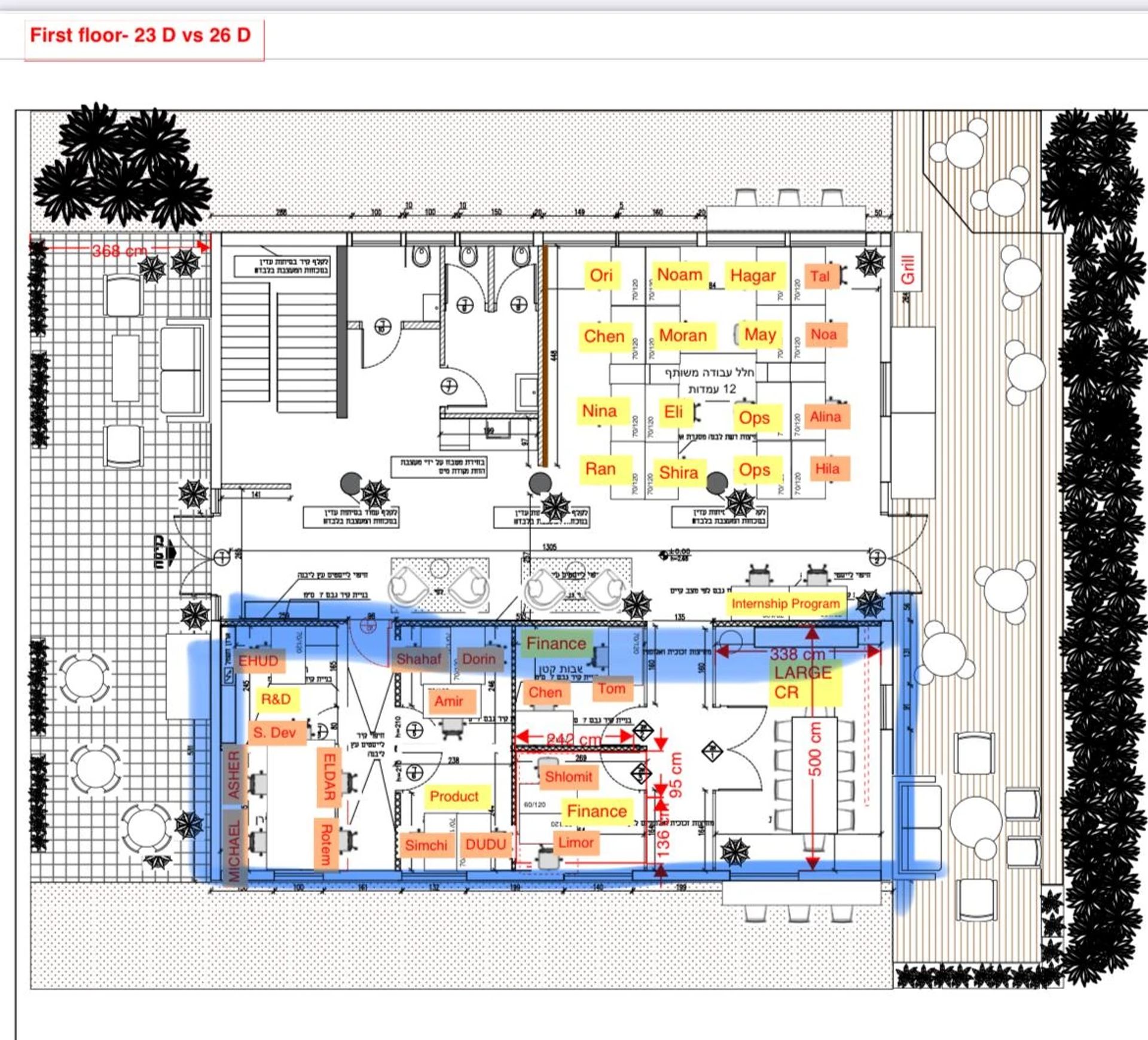 תוכנית קומה 1 - קומת קרקע להשכרה עם חצר היקפית בנווה צדק